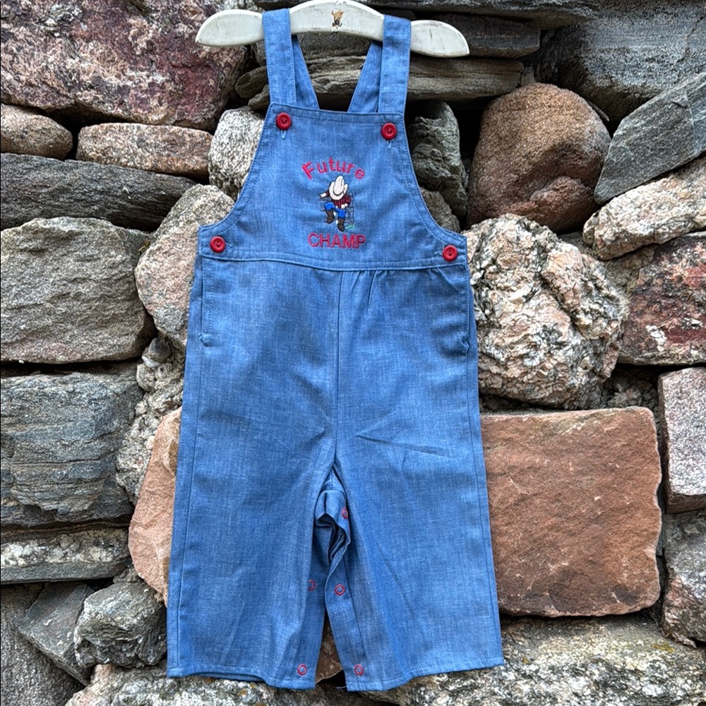 Cute Baby Rodeo Champ Blue Overalls w/ Embroidery Cowboy, Hat, Fence. Western